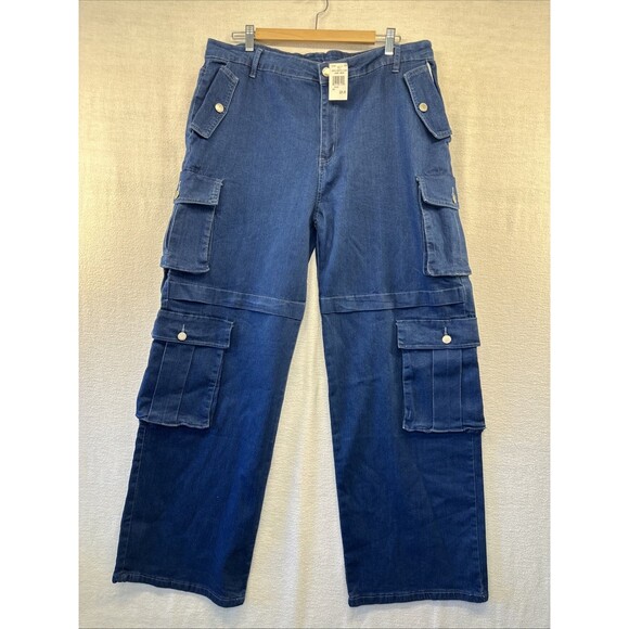 NWT Cargo Jeans Womens 3X Blue Stretch Wide Leg Multi Pocket Grunge Utility Plus - Picture 1 of 11